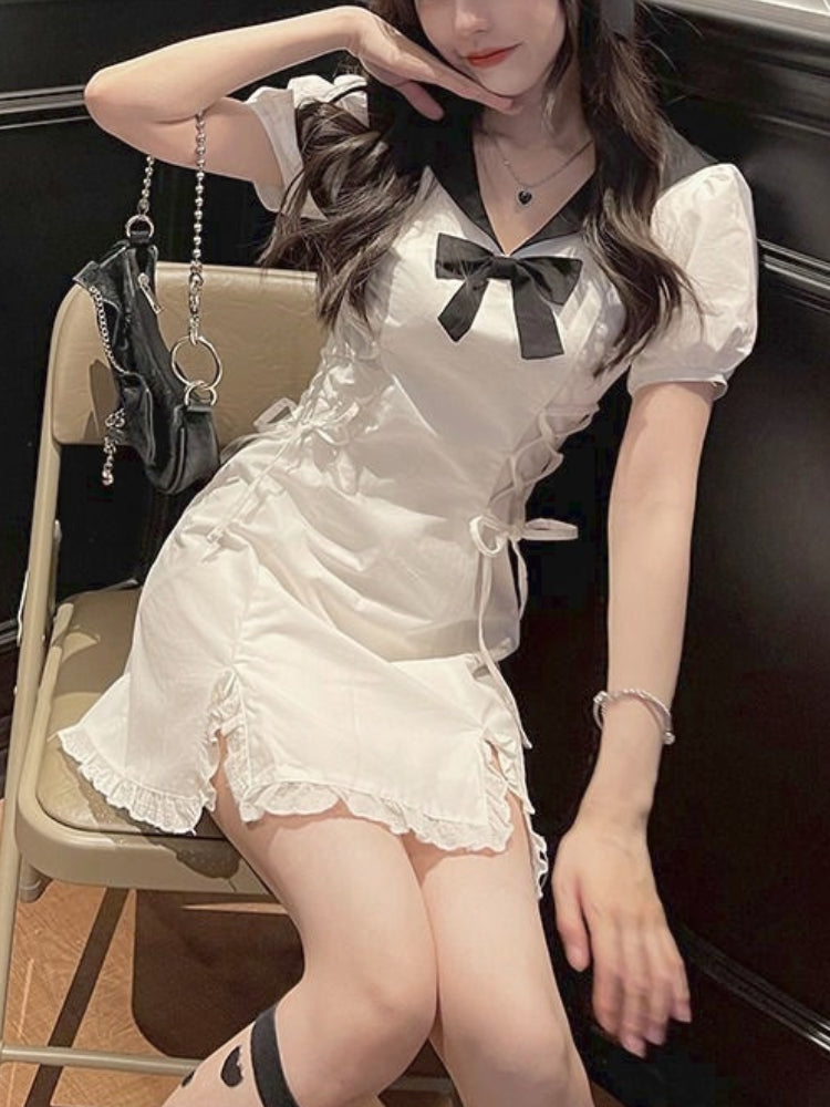 Summer Kawaii Party Mini Dress Women Y2K Patchwork Sweet Bandage Dress Female Bow Casual High Street Korean Designer Dress 2022