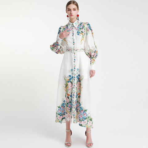 Geumxl Woman Shirt Dress Lantern Long Sleeve Multicolor Floral Pattern With Sashes Elegant Bohemian Style New Spring