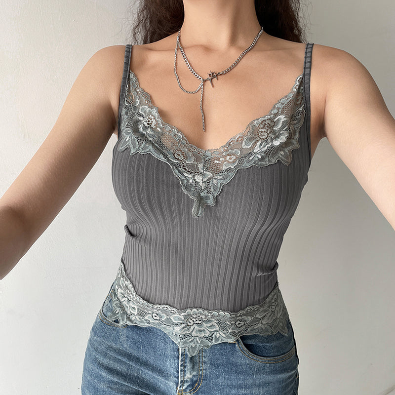 Geumxl Solid Basic Lace Camisole Women Ribbed Sleeveless Sweats Sport Tank Top Corset Female Knitted Bustier Tops Tee