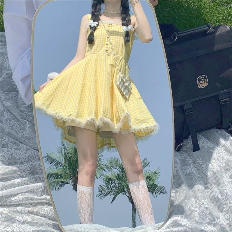 Summer Kawaii Lolita Strap Dress Women Patchwork Lace Japanese Sweet Cute Mini Dresses Yellow Plaid Fairy Tale Casual Dress 2022