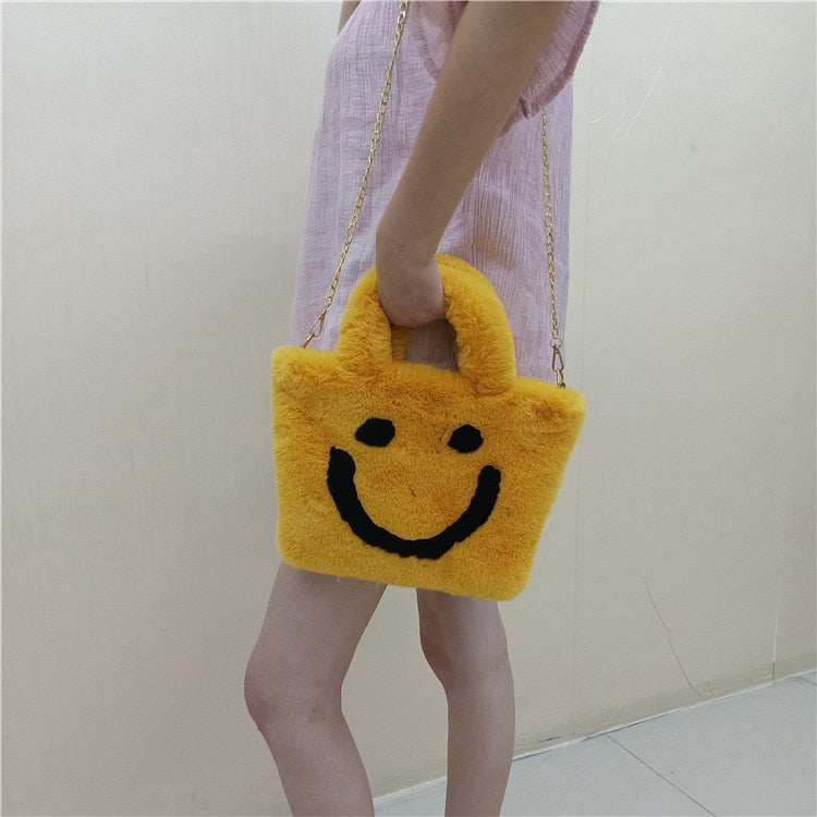 Cute Smiley Face Women Plush Shoulder Bag Soft Faux Fur Ladies Chain Messenger Bags Fashion Female Small Purse Handbags Bolsas