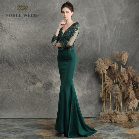Graduation  evening dresses sexy v-neck appliques beading mermaid Prom dress floor length in stock evening gown with long sleeves