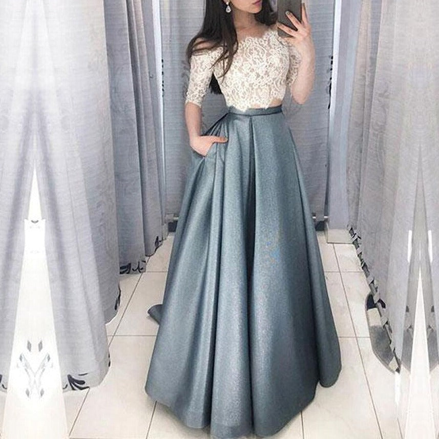 Geumxl Two Piece Prom Dresses With Pockets Off Shoulder Haze Blue Satin Skirt Lace Bodice Formal Party Gowns With 3/4 Sleeves