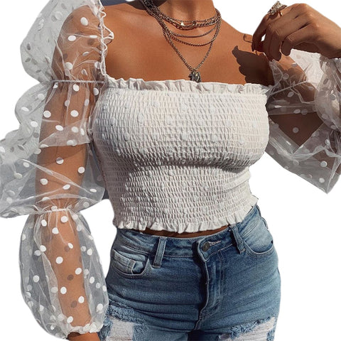 Geumxl Sexy Women Wrinkled Backless Blouse Shirt Mesh Sheer Puff Sleeve Wrap Chest Tops 2022 Spring Summer Ladies Dots Blouse