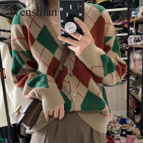 Geumxl Y2K Cardigan Women Argyle Sweater Elegant Winter Korean Fashion V-Neck Long Sleeve Chic Knitwear Vintage Knitwear Autumn Sweater