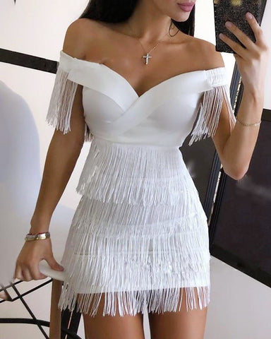 Sexy Short Sleeve Bodycon Mini Dress Women White Off Shoulder Tassel Female Short Dresses 2022 Party Club Bandage Vestidos