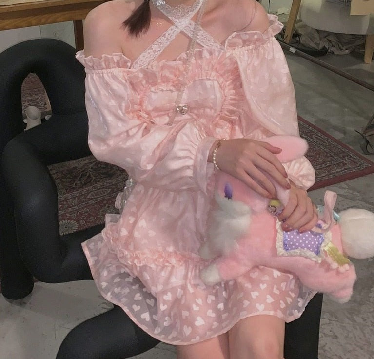 Geumxl Autumn Pink Sweet Lolita Dress Women Japanese Kawaii Fairy Party Mini Dress Female Korean Lace Halter Cute Princess Dress 2022