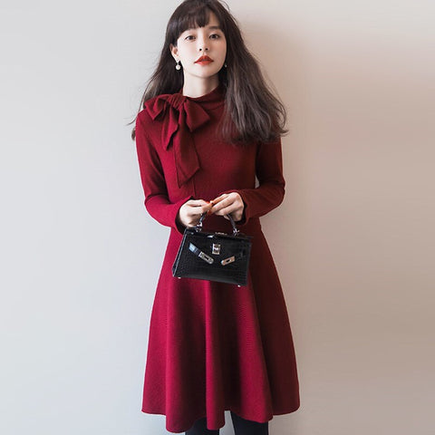 Geumxl Vintage Temperament Knitted Bodycon Sweater Dress Autumn Winter 2022 Bow Lace Up Long Sleeve Slim A-Line Party Dress For Women