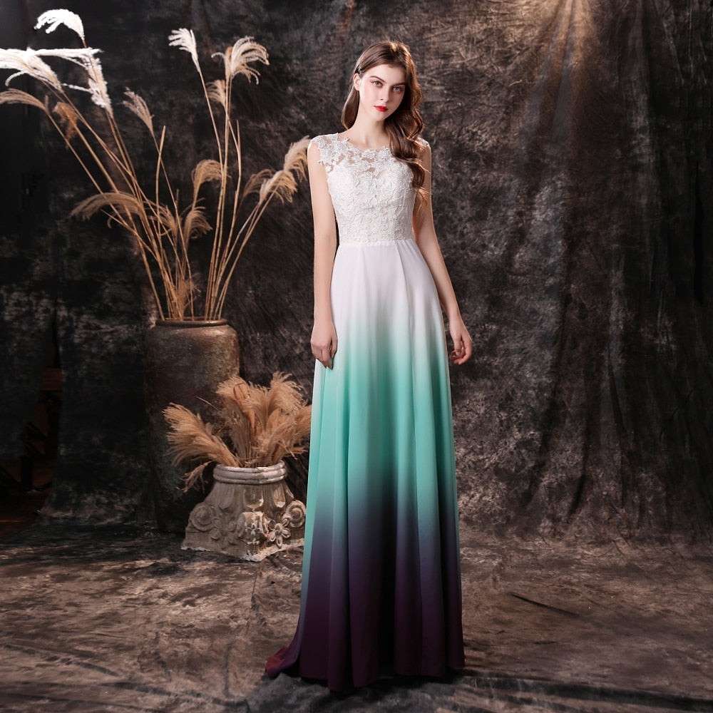 Ombre Prom Dresses New A-Line Gradient Color White and Blue Chiffon Formal Party Evening Gown Long