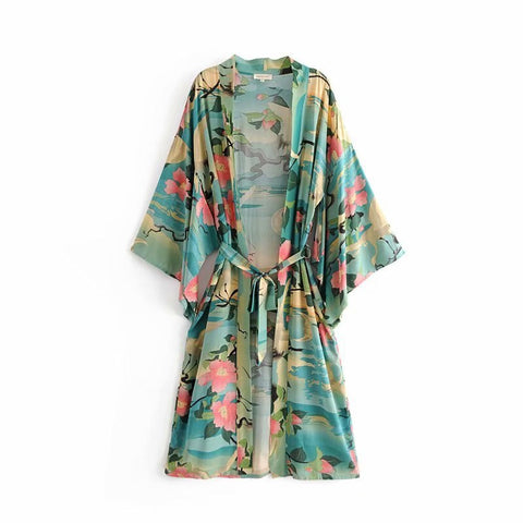 Geumxl 2022 Printed Summer Beach Wear Clothing Long Kimono Autumn Plus Size Tunic Women Tops Self Belted Wrap Coat A155