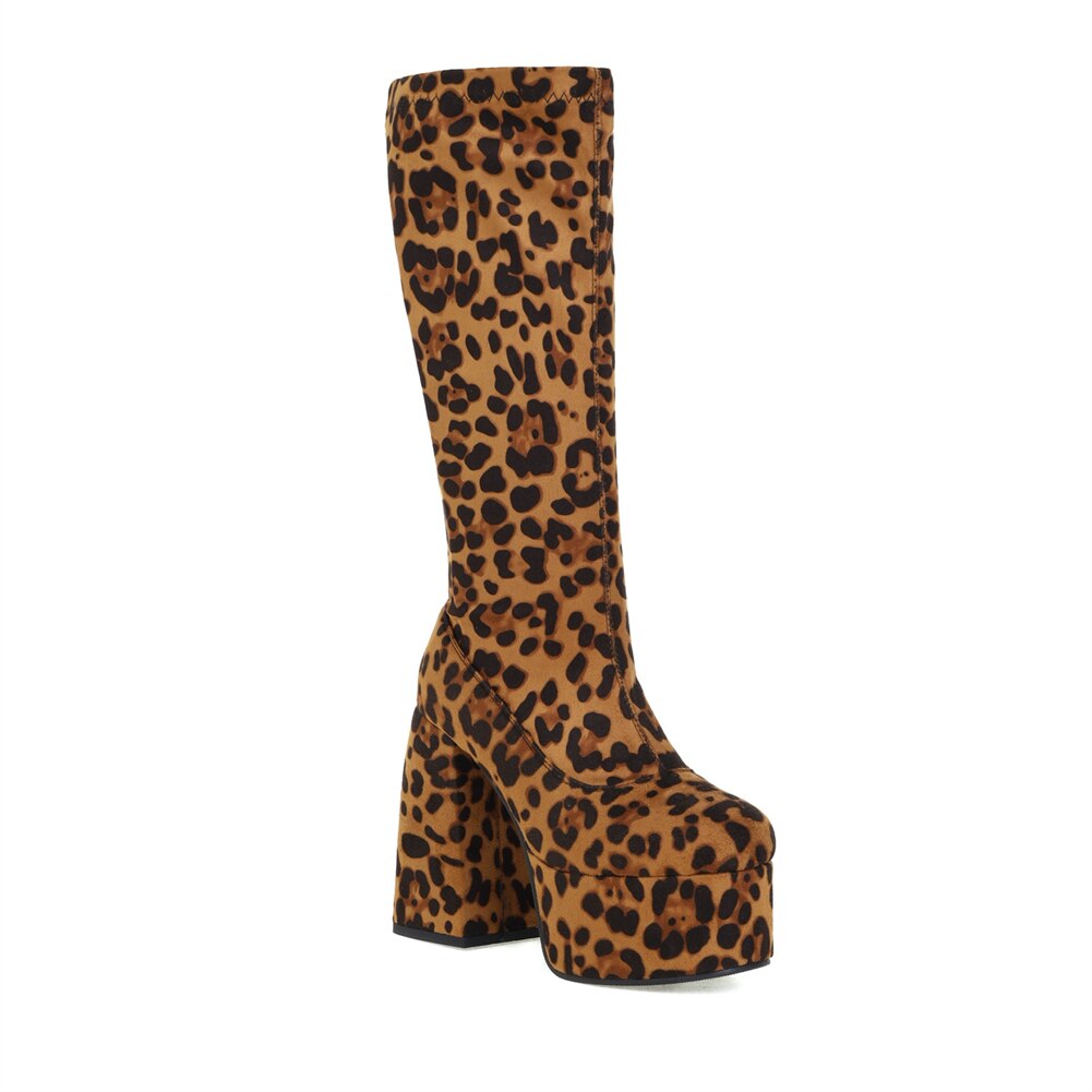 Geumxl 2022 Spring Autumn Leopard Sexy Party Women's Mid Calf Boots Chunky High Heels Platform Long Boots Ladies Gothic Punk Club Brand Shoes