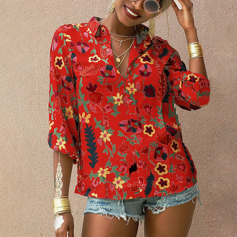 Floral Print Blouse Women 2021 Summer Turn Down Collar Long Sleeve Shirts Casual Tops Ladies Office Wear Plus Size Blouses