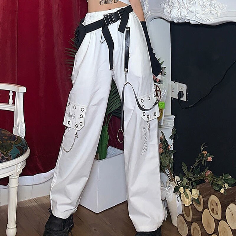 Geumxl Harajuku Punk Black Cargo Pants Women Gothic Chain White Wide Leg Trousers Female Hippie Street Style Emo Mall Goth