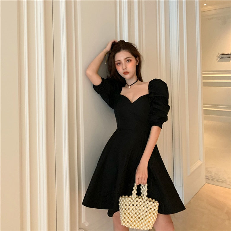 Party Dress for Women V Neck Slim White Black Korean Chic Short Dress Puff Sleeve Elegant Lolita A-line Mini Dresses Summer 2023