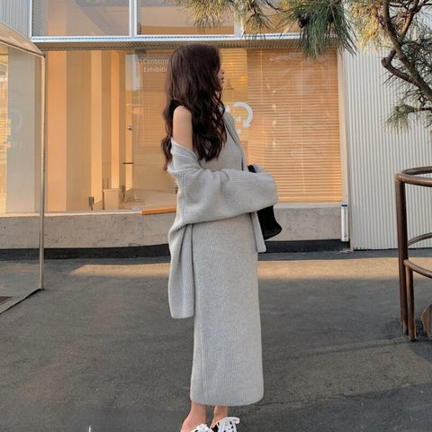 2 Piece Dress Set Women Casual Knitted Suits Korean Fashion Y2k Slim Pure Collor Sweater Dress Sets Party 2023 Autumn Cardigan