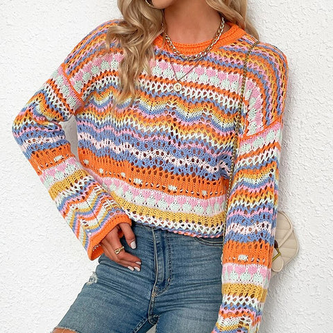 Geumxl Vintange Knitted Sweater Women Colorful Striped Sweaters Autumn Wtinter Cropped Pullover O-Neck Casual Jumper Short Sueter Mujer