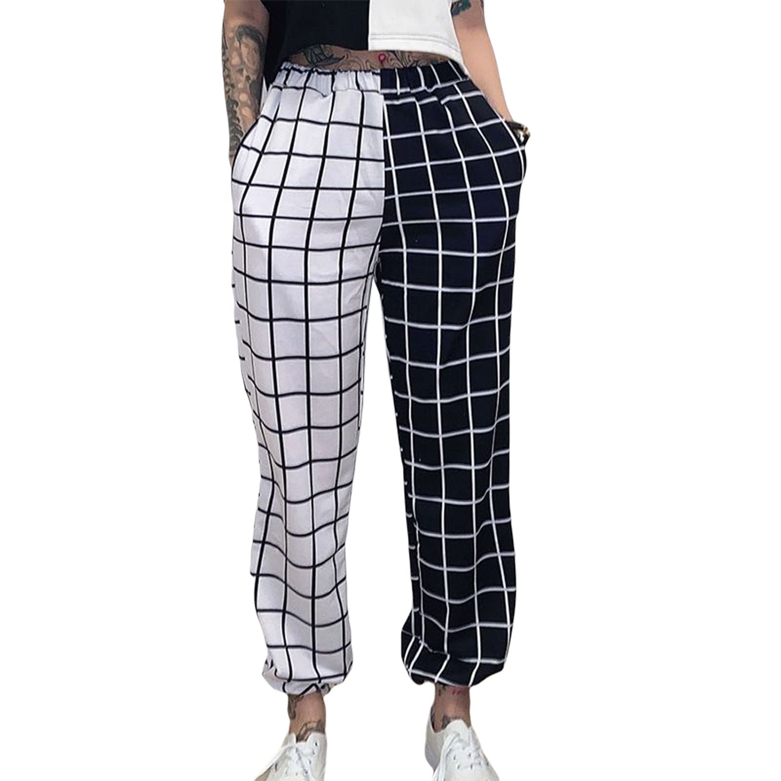 Geumxl New Styles Black White Plaid Patchwork Women's Jogger Pants Cargo Pants Hight Waist Straight Long Trousers Sprots Pant Casual