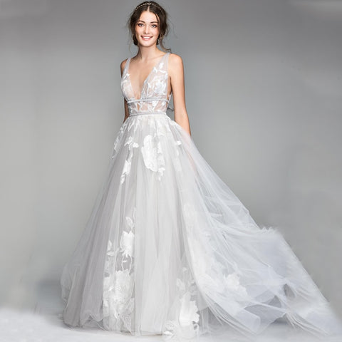 Geumxl Graduation Gifts  3D Flower Lace Appliques 2022 V-Neck Backless A-Line Tulle Wedding Dress Destinaiton Bridal Dress Robes De Mariées