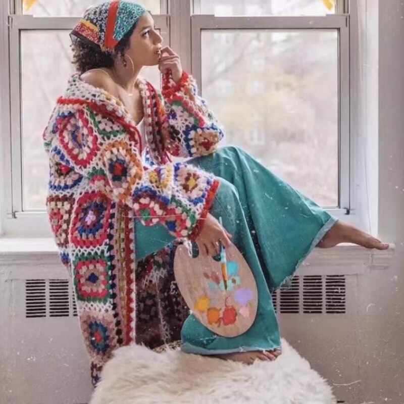 Long Knitted Sweater Cardigan Hippie Boho Mohair Coat Ethnic Embroidery Chic Oversize Hooded Coats Fall Winter