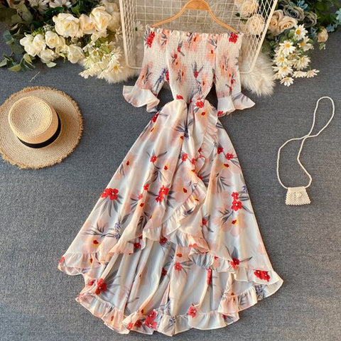Geumxl Vintage Ruffles Floral Print 2023 Split  Off Shoulder Dress Summer Maxi Long Party Women Irregular Beach Holiday Dress