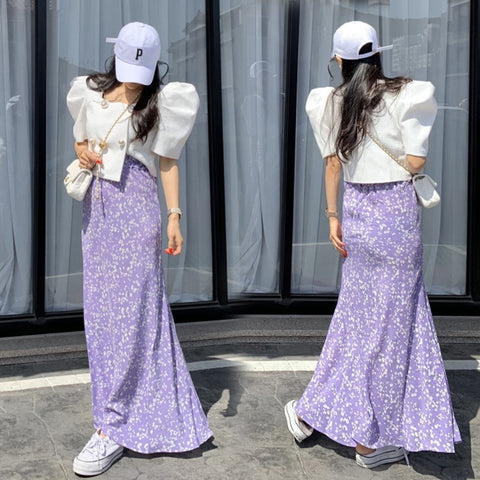 Skirts Korean Chic Slim Summer A Line High Waist Purple Floral Print Skirt Women Chiffon Mid Length Gentle Elegant Mujer Faldas