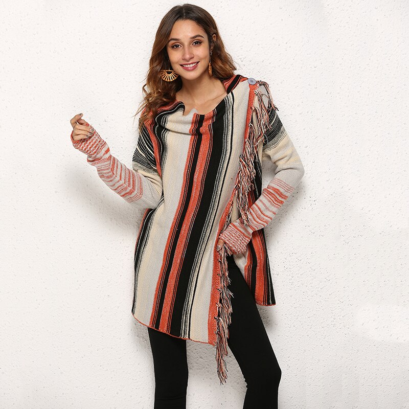 Long Sleeve Sweaters Cardigan Women Coats Vintage Irregular Fringe stripe Autumn Winter Jacket Boho knitted Long Jumper