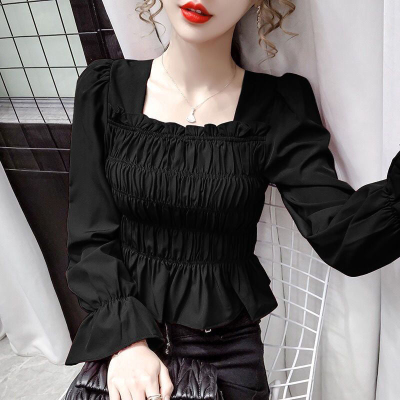Graduation gifts Women Blouses Pleated Front Solid Flare Sleeve Square Collar Elegant Shirts Korean Style Fashion Fit Pullover Female Tops Simple