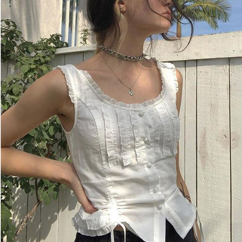 Geumxl 2023 New Summer Round Neck Pure White Vest-Style Lace-Up Lace Sleeveless Y2k Top With Drawstring A T-Shirt Inside And A Bottom