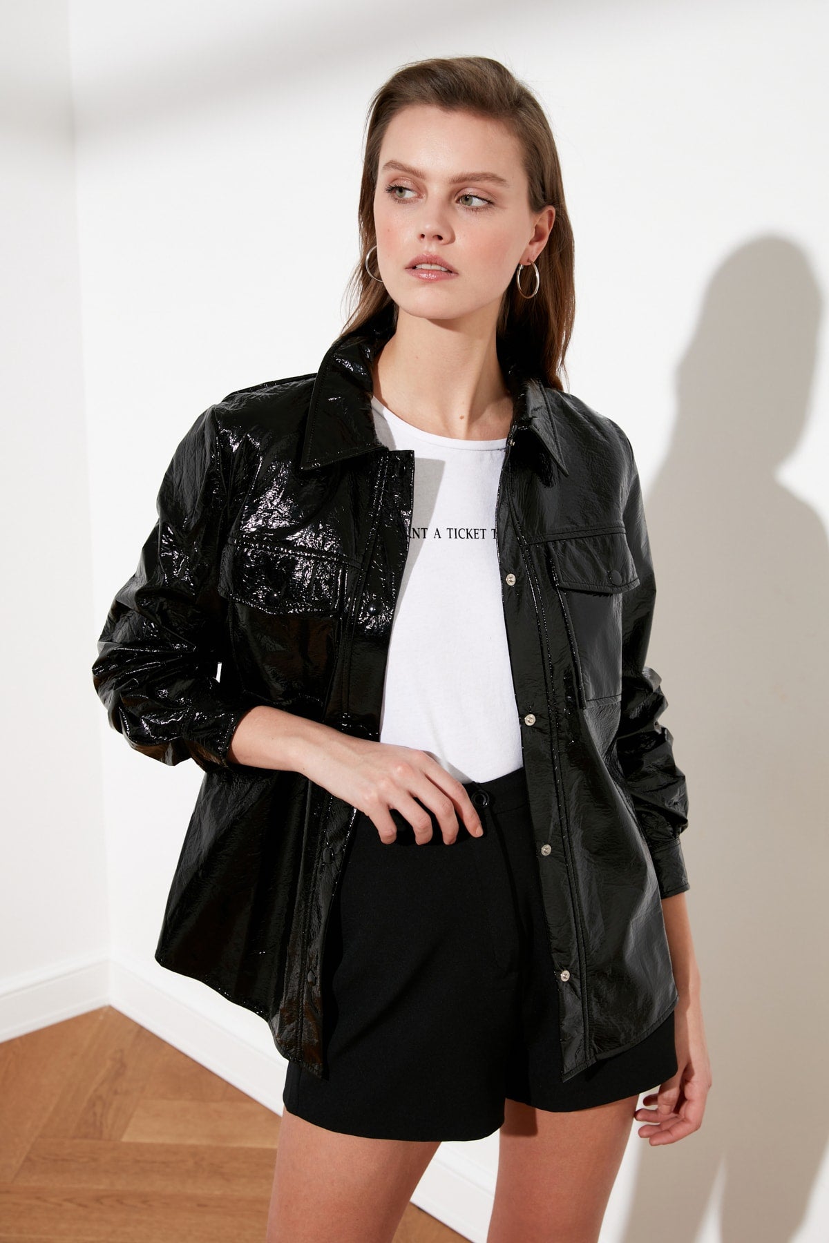 Geumxl With Wrinkle Look Patent Leather Jacket Coats