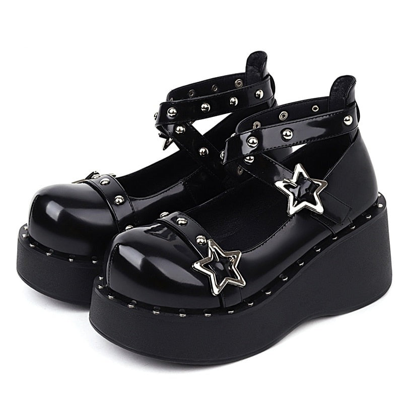 Geumxl 2023 Autumn News Women Single Shoes Gothic Rivets Rhinestone Cosplay Female Pumps Black Lolita Mary Janes Wedges Shoes