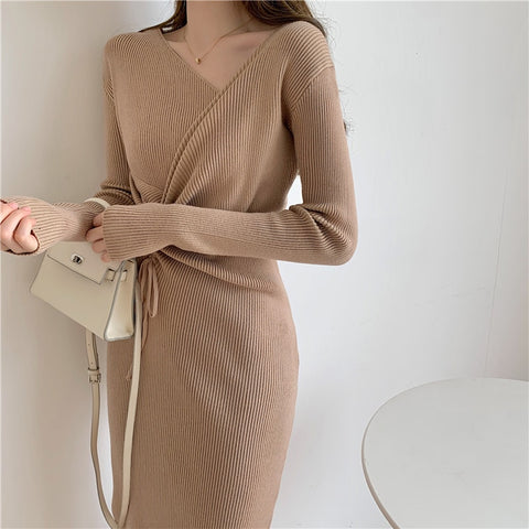 Harajuku Vintage Korean One-Piece Sweater Maxi Dresses for Women Draw String Bodycon Slim Knitted Lady Woman Dress Autumn 2021