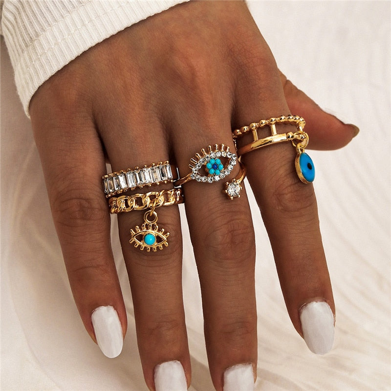 Geumxl 4Pcs/Set Gold Color Evil Eye Rings For Women Vintage Boho Crystal Knuckle Ring Set Female Party Jewelry Gift