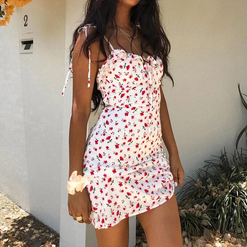 Geumxl Floral Printed Lace-up Spaghetti Strap Cami Dress Sleeveless Backless Ruched Mini Sundress Sexy Women Summer Clothes