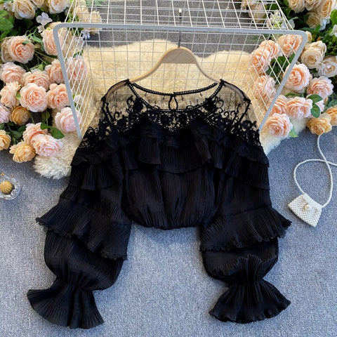 Geumxl French Mesh Splice Blouse Women Elegant Solid Puff Sleeve Lace Ruffles Blouses Autumn Casual Loose Streetwear Tops