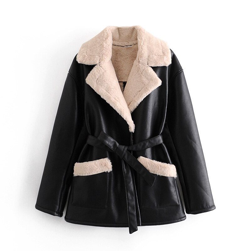 Geumxl Women Black Fur Faux Leather Jacket Coat With Belt Turn Down Collar Ladies 2022 Winter Thick Warm Oversized Coat