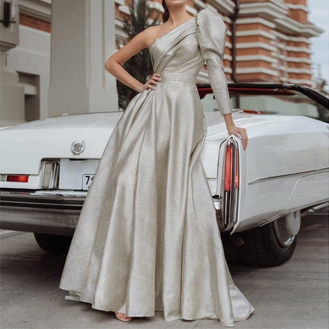 High Waist Elegant Vestidos Maxi Dress Oblique Shoulder Sleeve Dress Women Slim Fit Solid Color Dinner Long Dresses