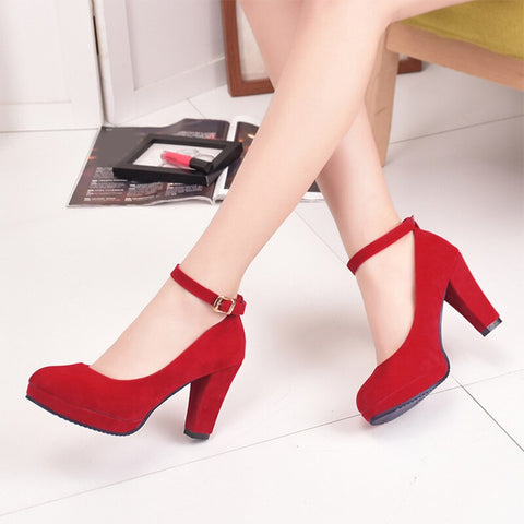 Geumxl Women Fashion Flock Pumps Ladies Sweet Thick High Heels Shoes Female Ankle Strap Suede Mary Jane Woman Party Casual Footwear