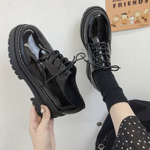 Geumxl- Women Oxford Shoes Wedge British Style Round Toe Clogs Platform Autumn All-Match Casual Female Sneakers Soft Leather Dress