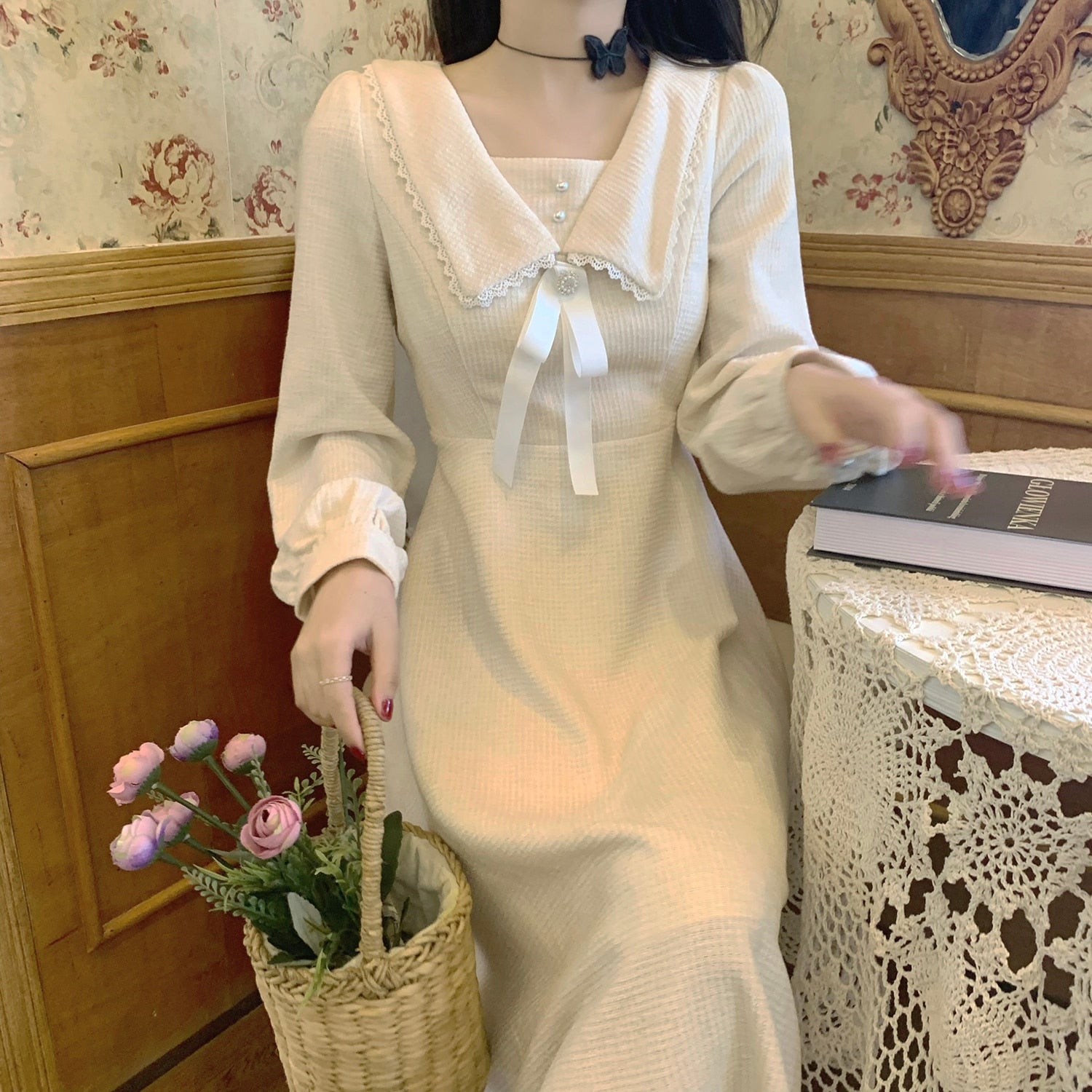 Geumxl Vintage White Midi Dresses For Women Casual Long Sleeve One Piece Dress Elegant Korean Design Kawaii Clothes Autumn New Vestidos