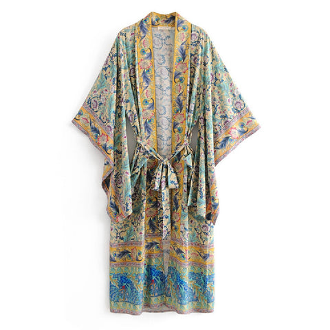 Geumxl 2022 Printed Summer Beach Wear Clothing Long Kimono Autumn Plus Size Tunic Women Tops Self Belted Wrap Coat A155