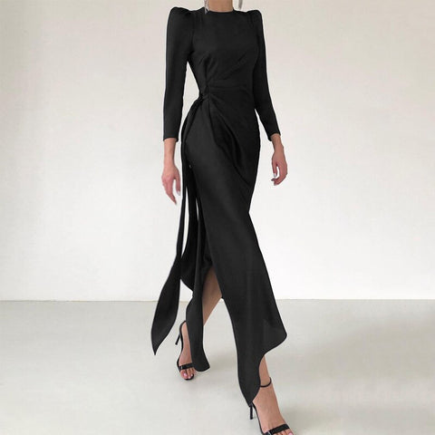 Geumxl Satin Gown Split Wrap Maxi Dress Women Elegant Fashion Outfits Straight Club Party Long Sleeve Dresses Clothes