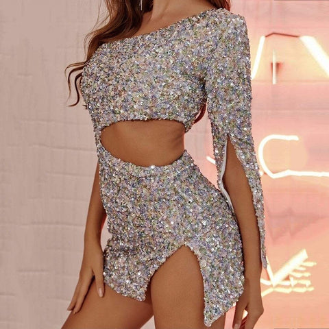 2024 New Women One Shoulder Glitter Sequin Mini Dress Waist Cut Out Club Street Wear Celebrity Birthday Party Dress