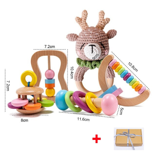 Geumxl Baby Towel Newborn Bath Toy Set Gifts Box Double Sided Cotton Blanket Wooden Rattle Bracelet Crochet Toys Baby Bath Gift Product