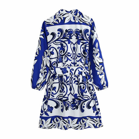 Geumxl--hoco dresses  Summer Women Bohemia Print Sashes Mini V Neck Dress Female Vintage Casual Chic Slim Long Sleeve Single-Breasted Dresses