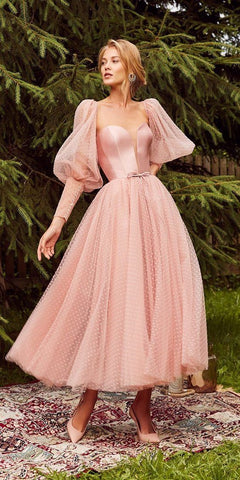 Pink Prom Dresses Dot Tulle Puffy Full Sleeves Tea Length Simple Elegant V Neck With Belt A Line Evening Formal Party Gowns