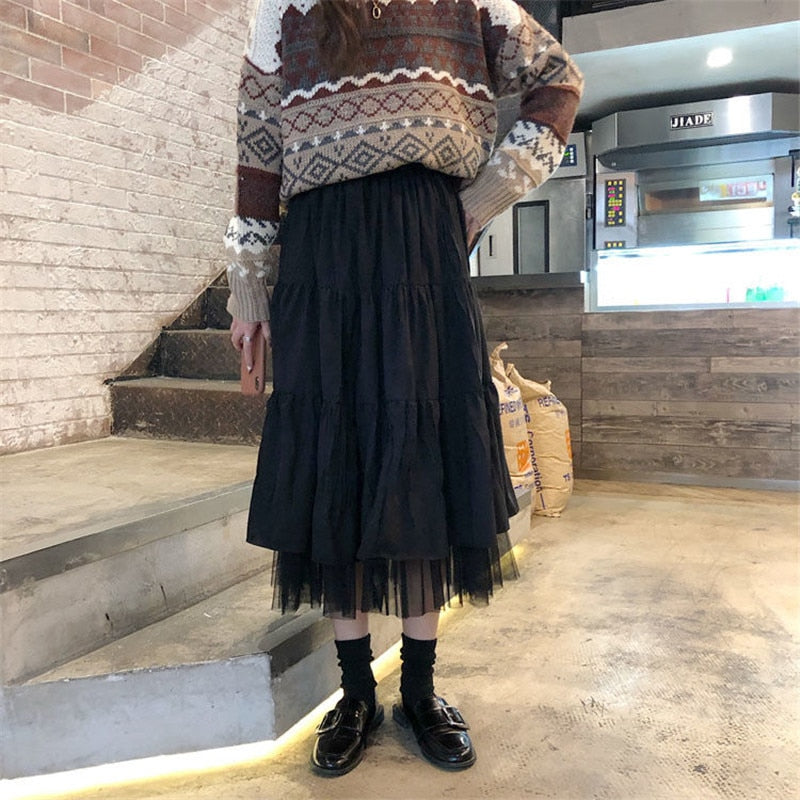 Long Tulle Midi Skirts Womens 2022 Autumn Elastic High Waist Mesh Tutu Pleated Skirts Female Black White Long Skirt Streetwear