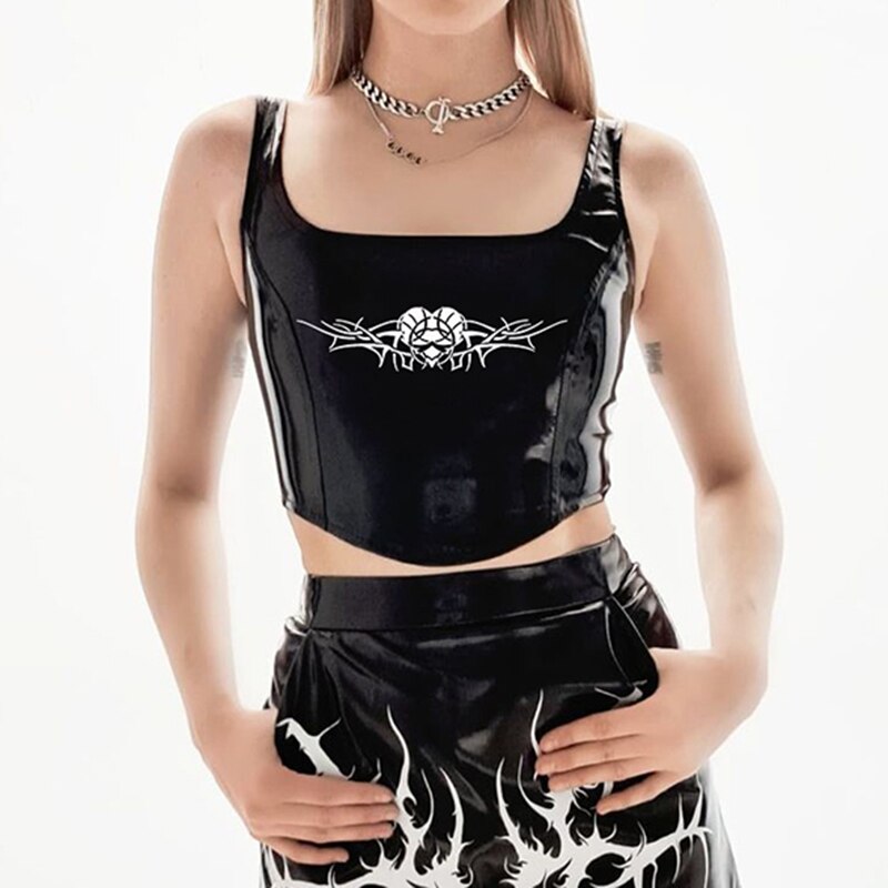 Graphic Print Gothic Leather Tank Top Women Black Sexy Corset Dark Academia Camisoles Y2K Crop Bustier Tops Grunge Tee