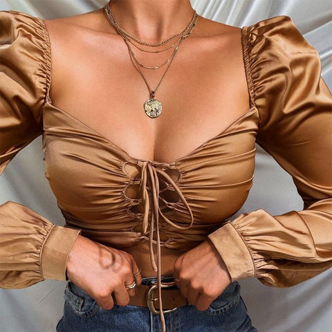2023 Women Vintage Puff Sleeve New Tshirts Sexy Square Neck Slim Front Bandage Tops Autumn Solid Color Satin Crop Top Clubwear