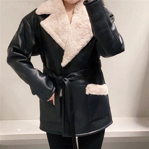 Geumxl Women Black Fur Faux Leather Jacket Coat With Belt Turn Down Collar Ladies 2022 Winter Thick Warm Oversized Coat