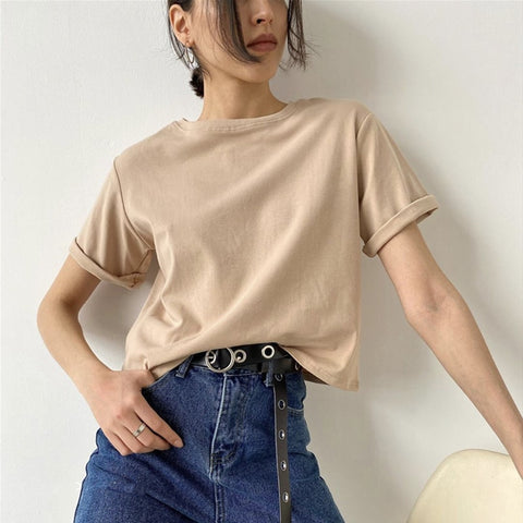 Geumxl Summer Women Basic Loose T Shirt Solid Color Oversized Cotton Harajuku Short Sleeve Knitted Tees Korean Casual Female Tops